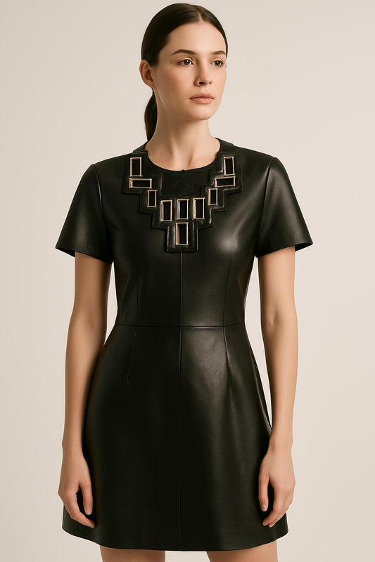 Black Faux Leather Bib Collar – Metallic Square Decor