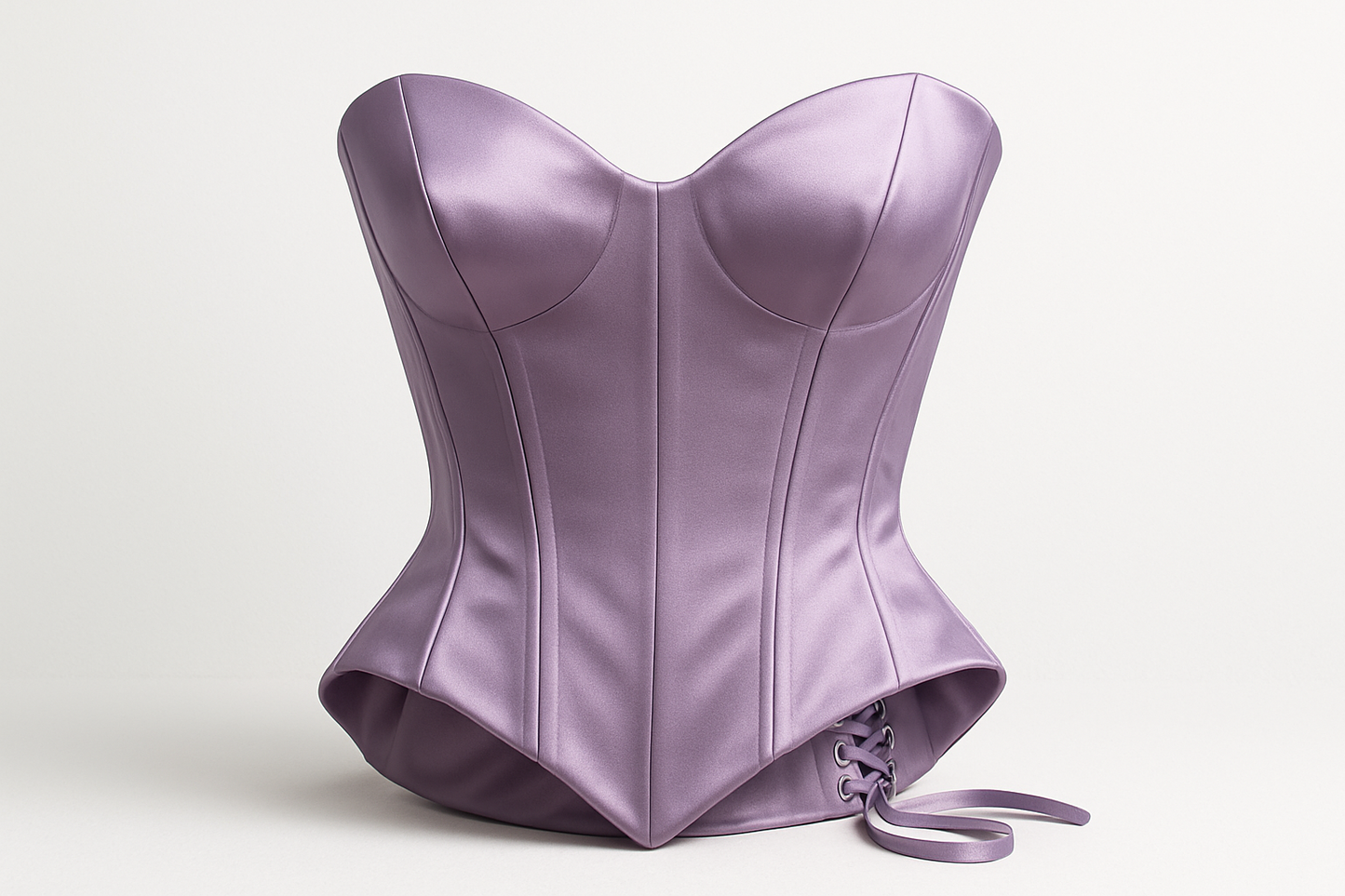 L'image présente un magnifique corset structuré confectionné dans votre Satin Duchesse Parme. Le corset met en valeur l'éclat luxueux du tissu et montre comment il peut être utilisé pour créer des pièces de haute couture pour mariages, soirées ou cérémonies élégantes.
