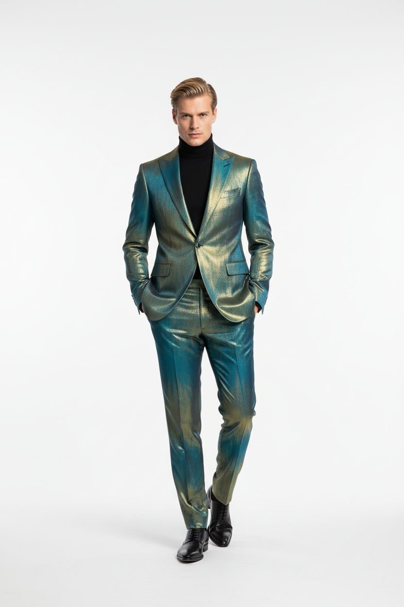 Brocart Interchangeant Bleu Turquoise et Or 150cm - Tissu Haute Couture Premium