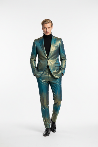 Brocart Interchangeant Bleu Turquoise et Or 150cm - Tissu Haute Couture Premium