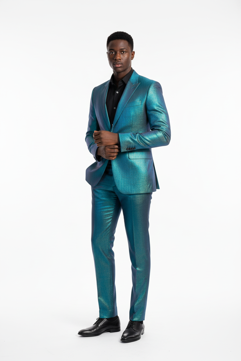 Brocart Interchangeant Bleu Turquoise et Or 150cm - Tissu Haute Couture Premium