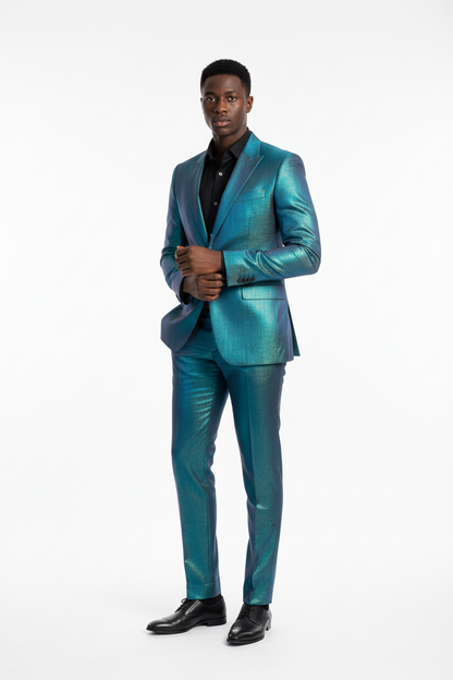 Brocart Interchangeant Bleu Turquoise et Or 150cm - Tissu Haute Couture Premium