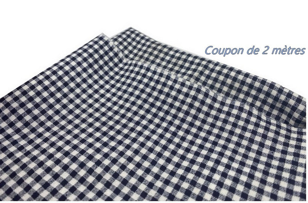 Coupon de 2 Mètres de Tissu Coton A Carreaux Imprimé Bleu Marine Sur Fond Blanc  Au Mètre En Grande Largeur