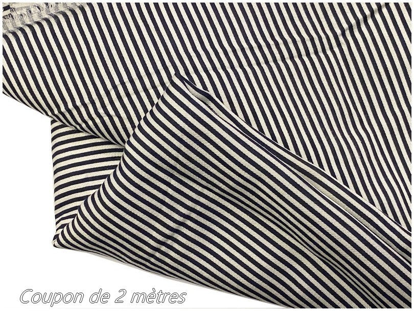 Coupon de 2 Mètres de Tissu Coton Marine Imprimé Fine Rayure  Au Mètre En Grande Largeur