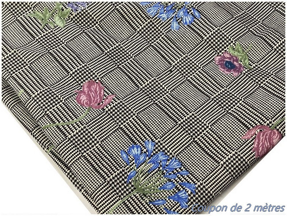 Coupon de 2 Mètres de Tissu Coton Prince De Galle Gris Imprimé fleurs Au Mètre En Grande Largeur