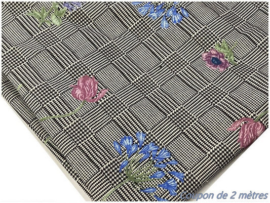 2 Meters of Prince of Wales Cotton Fabric in Grey with Floral Print by the Meter in Large Width