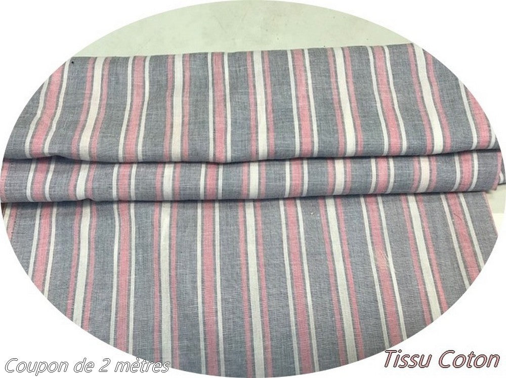 Coupon de 2 Mètres deTissu Coton A Rayure Imprimé Rose et  Blanc Au Mètre En Grande Largeur