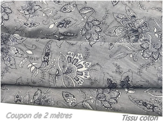 2 Meters of Printed Cotton Denim Fabric with Flowers by the Meter in Large Width