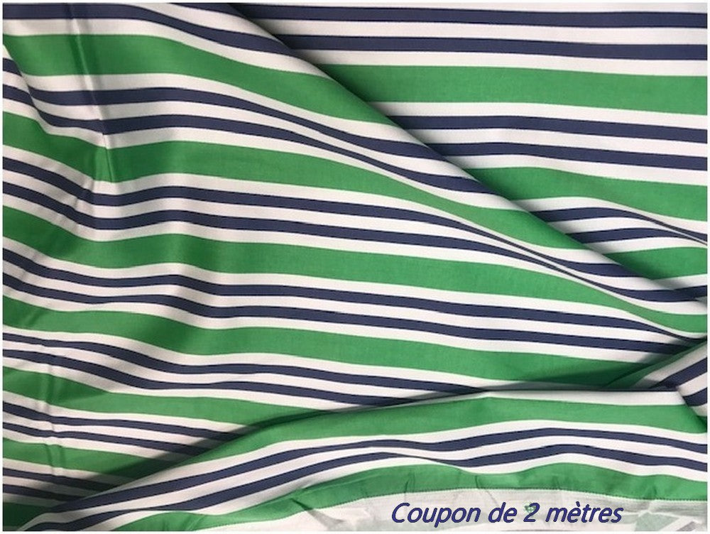 Coupon de 2 Mètres deTissu Coton Vert Imprimé Rayure Marine Et Blanc Au Mètre En Grande Largeur