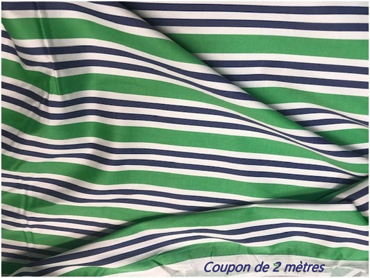 Coupon de 2 Mètres deTissu Coton Vert Imprimé Rayure Marine Et Blanc Au Mètre En Grande Largeur