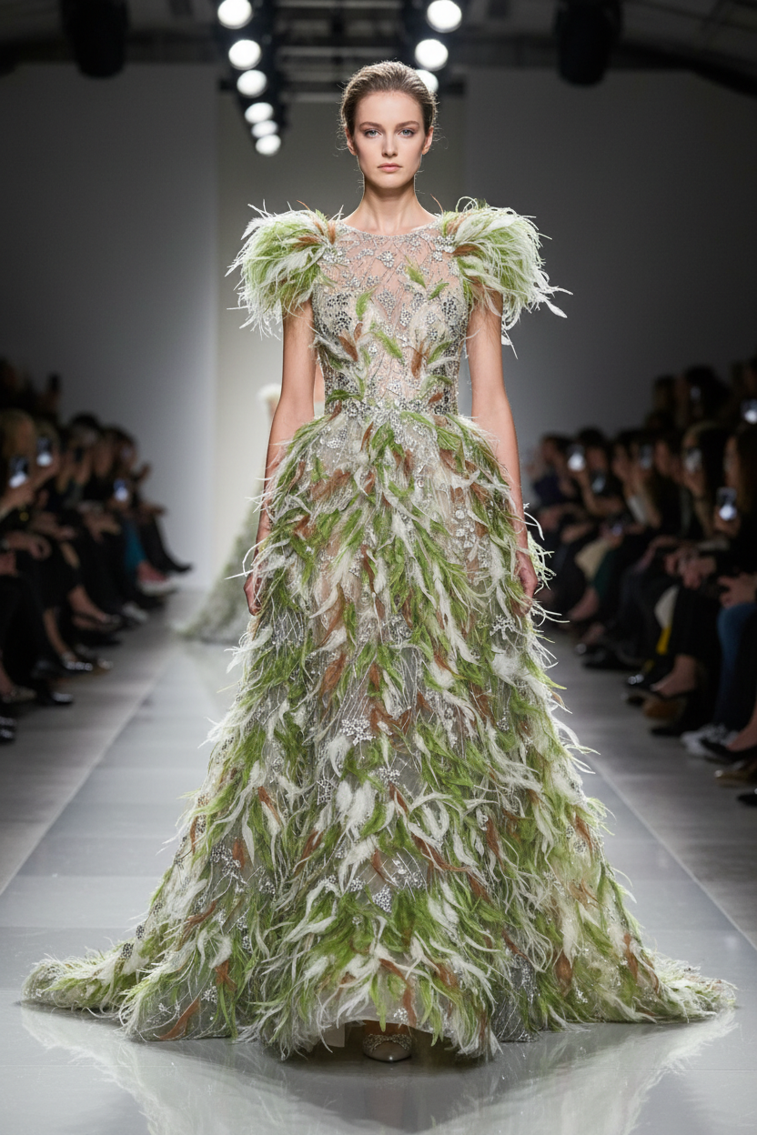 Défilé haute couture – robe tulle perlé plumes vertes et blanches