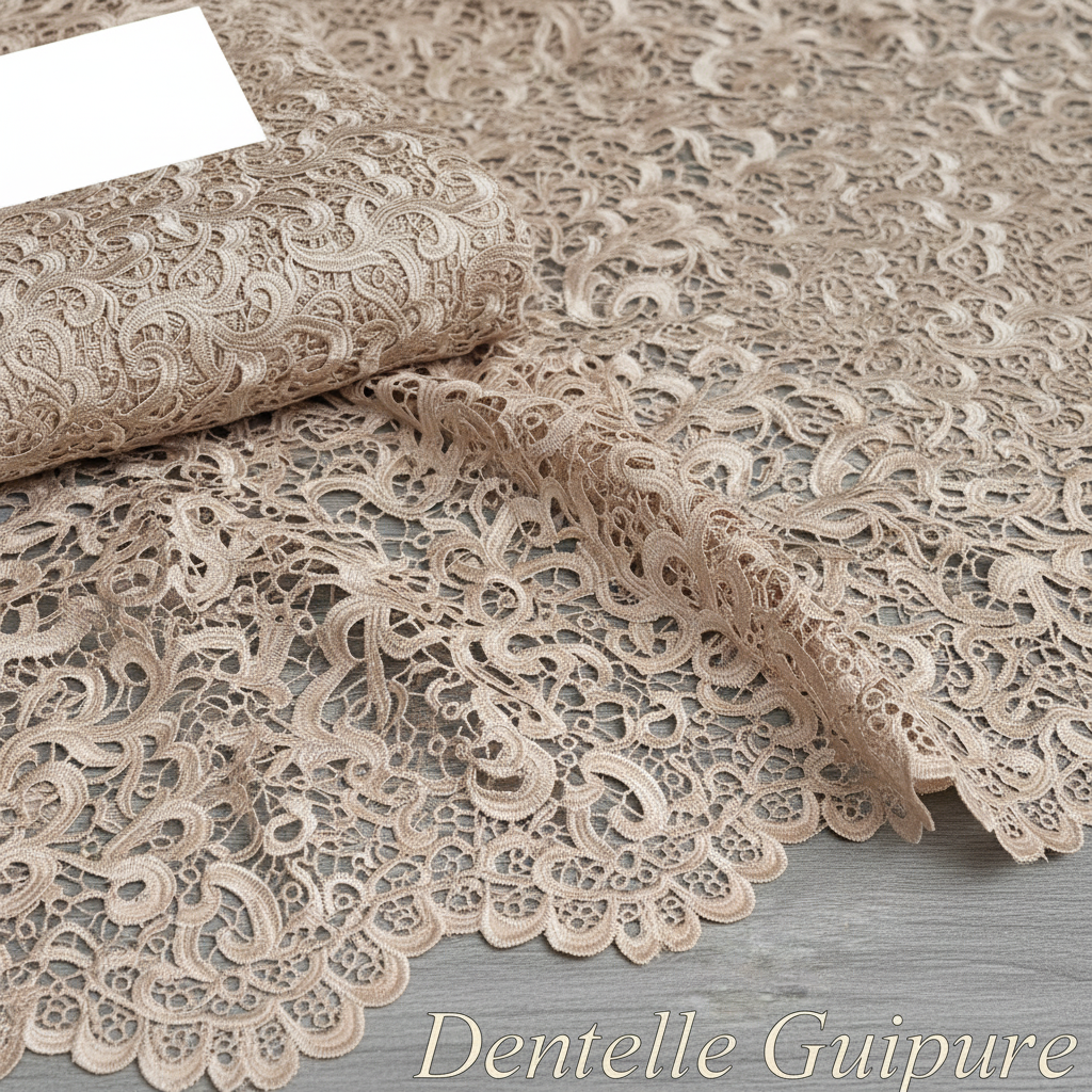 Dentelle Guipure Festonnée 135cm Beige Nude | Tissu Couture Luxe Mariage