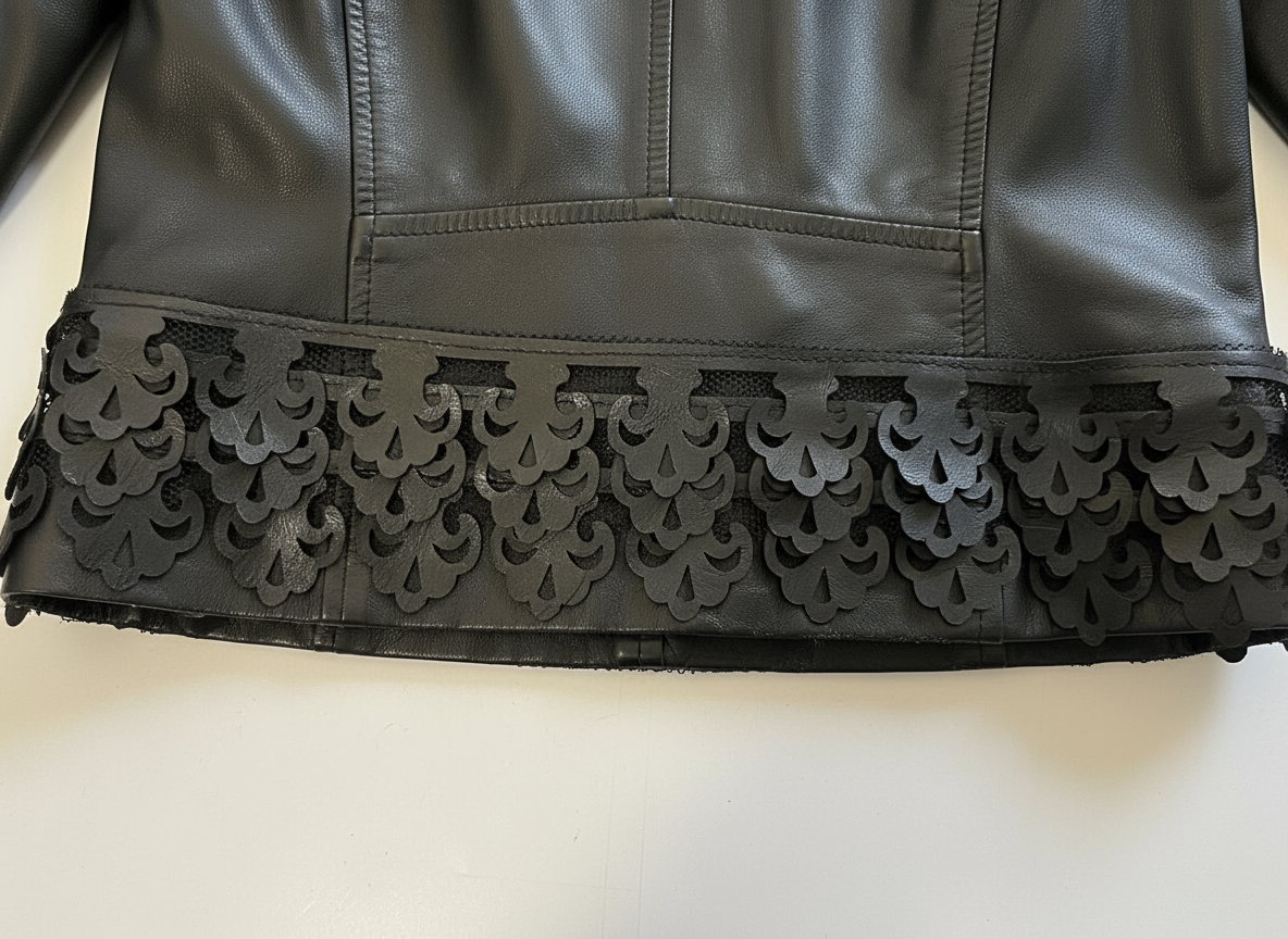 Galon Simili Cuir Noir à Festons - 4 Rangs sur Tulle - 65 mm