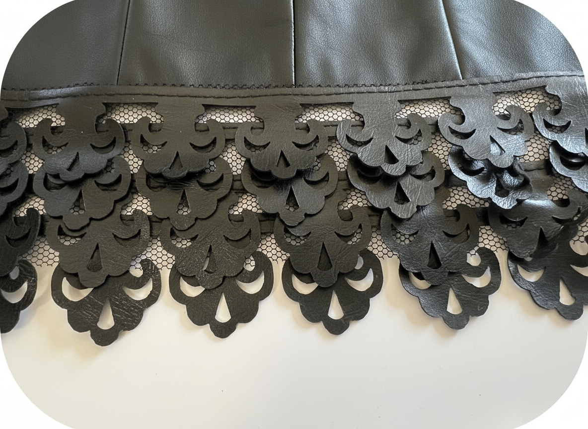 Galon Simili Cuir Noir à Festons - 4 Rangs sur Tulle - 65 mm