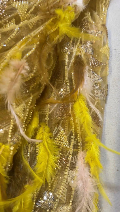 Tissu Haute Couture Plumes & Perles Doré