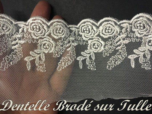 Dentelle au Mètre 8 Cm Crème – Tulle Résille à Bord Brodé de Fleurs : Pour Robes, Lingerie & Décoration