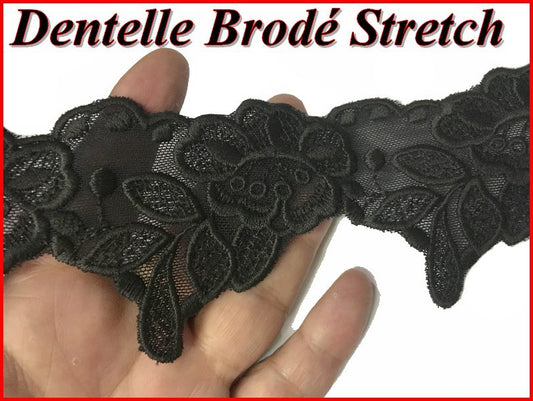 Dentelle Brodé En 5 Cm Noir Sur Tulle  Pour Lingerie Et Customisations.