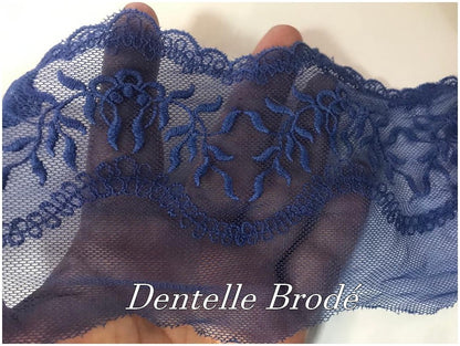Indigo Embroidered Lace on Tulle in 16 cm Sewing for Customization