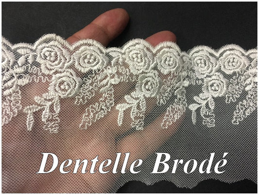 Dentelle Brodé Ivoire En 9 cm sur Résille Tulle A Coudre Pour Customisations et Lingerie.