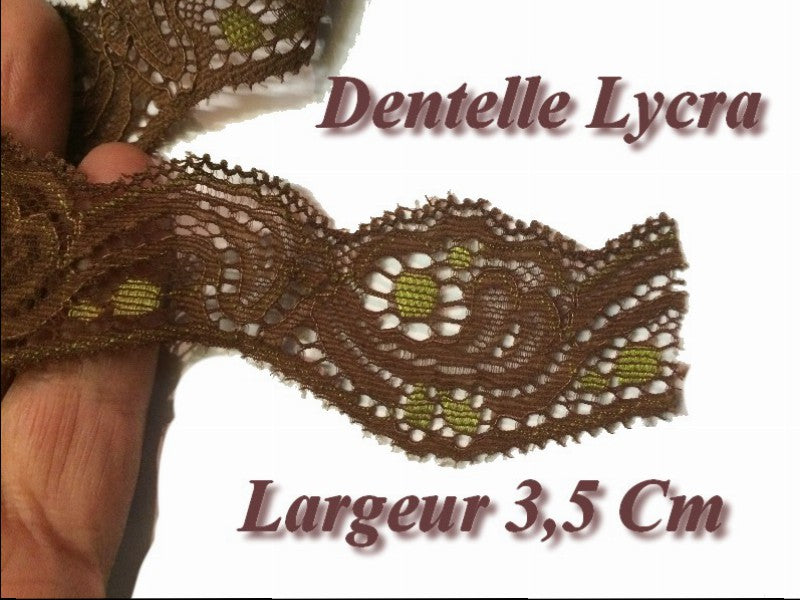 Dentelle Brodé Lycra En 3.5 Cm Choco Et Anis  A coudre pour Loisirs Créatifs