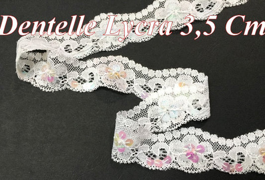 Dentelle Lycra Au Mètre En 3,5  Cm BLanche Orné De Sequins