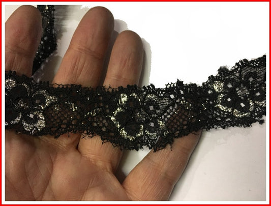 Dentelle Lycra En 3 Cm Noir Et Lurex Argent Pour Lingerie Et Customisations.