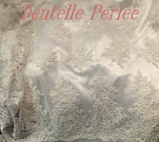 Dentelle Perlée Au Mètre Blanche En Grande Largeur, Pour Robes De Mariage Et Cerémonie.