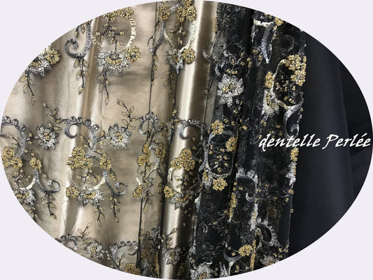 Dentelle Perlée Au Mètre Doré Or Sur fond noir En Grande Largeur Pour Caftan Et Cérémonie.