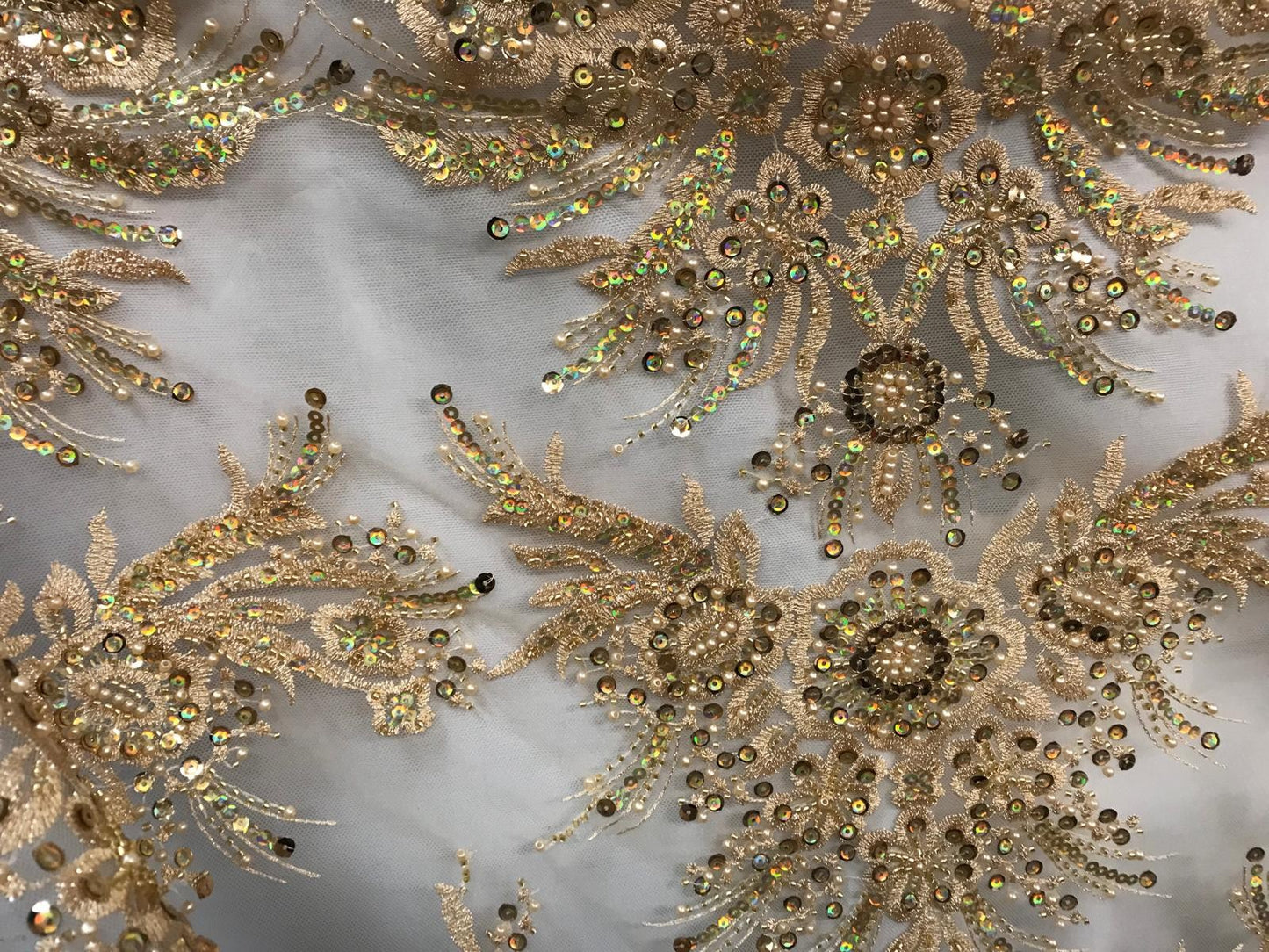 Dentelle Perlée Au Mètre Doré Or - Tulle brodé Perlé En Grande Largeur.