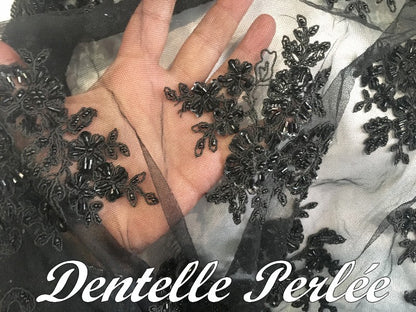 Dentelle Perlée Au Mètre Noir En Grande Largeur, Pour Robes Du Soir, Bustier, Et Lingerie De Luxe.