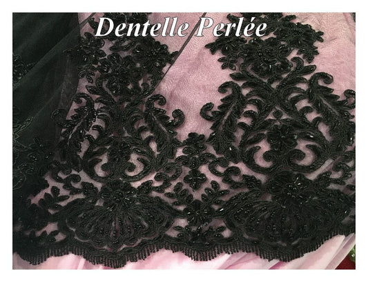 Dentelle Perlée Au Mètre Noire en Grande Largeur.