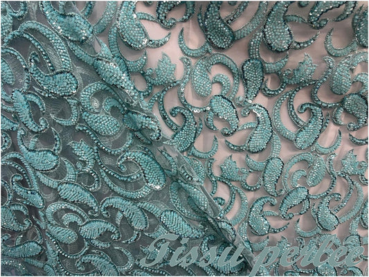 Dentelle Perlée Au Mètre Turquoise Haute Couture.