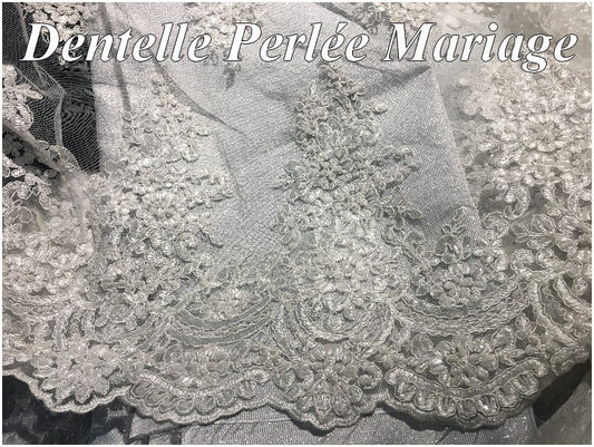 Dentelle Perlée Blanche Couture par coupon de 3,5 mètres  En Grande Largeur, Pour Robes De Mariage Et Cerémonie.