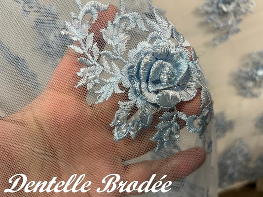 Dentelle Perlée Bleu Ciel Au Mètre  - Tulle brodé Perlé Couture En Grande Largeur.