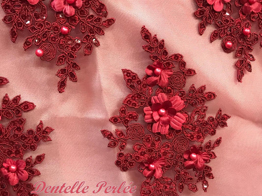 Dentelle Perlée Bordeaux Sur Résille Couture.
