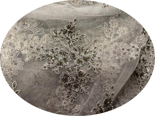 Dentelle Perlée GRISE Au Mètre , En Grande Largeur.