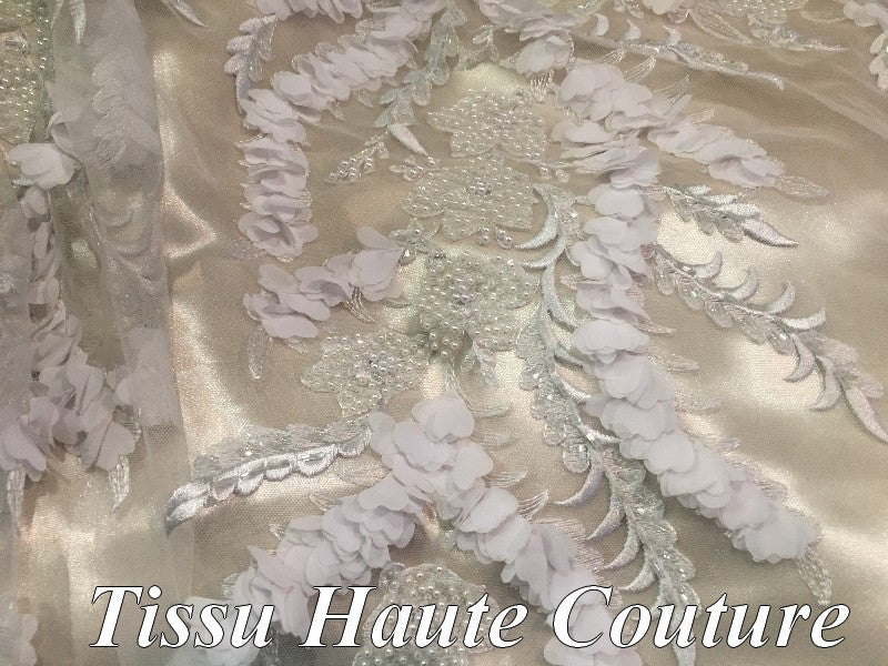 Dentelle Perlée Haute Couture  Blanche , Pour Robes De Mariage Et Cerémonie.