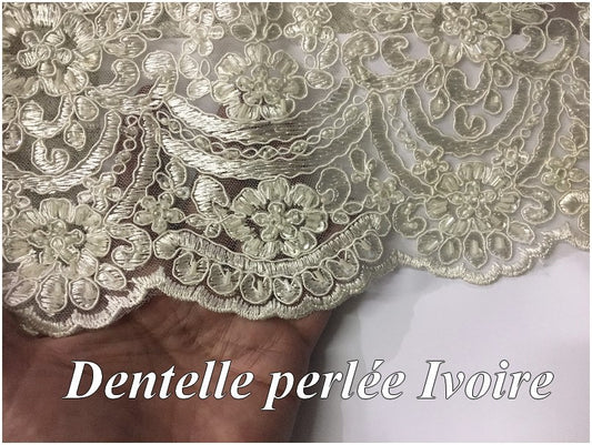 Dentelle Perlée Ivoire  Couture Au Mètre  En Grande Largeur, Pour Robes De Mariage Et Cerémonie.