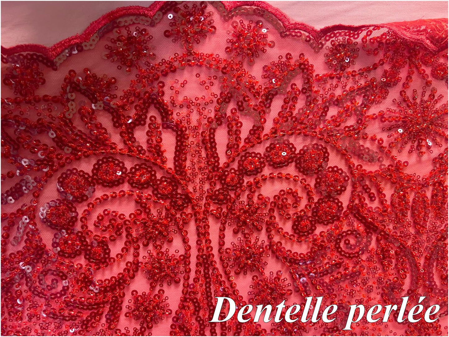 ✨ Dentelle perlée rouge – Festonnée des deux côtés – 145 cm de largeur