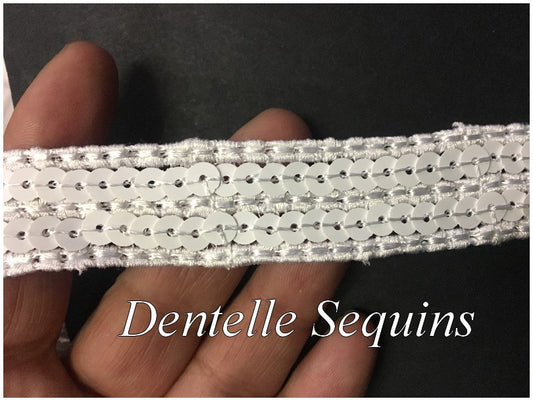 Dentelle Sequins Couture  Guipure Brodé en 25 mm Blanche