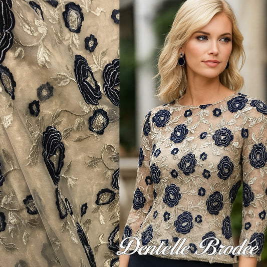 Dentelle Brodée Doré Or sur Tulle 140cm - Motifs Fleurs Bleu Marine | Embroidered Gold Lace on Tulle 140cm - Blue Floral Motifs