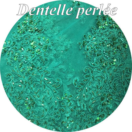 Dentelle Vert Emeraude Perlée En Grande Largeur , Pour Robes De Cerémonie, Bustier Et Lingerie De Luxe.