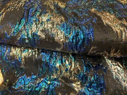 Tissu Brocart Iridescent sur Organza Noir – Reflets Bleu Canard et Or – 145 cm de Largeur