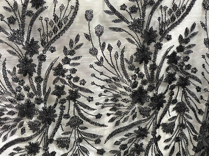 Tulle Perlé Noir 145cm - Tissu Brodé Perles Florales - Haute Couture