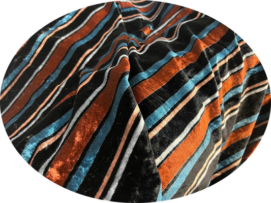 Velours au Mètre 145cm Rayé - Tissu Velours Premium Multicolore Noir Orange Bleu
