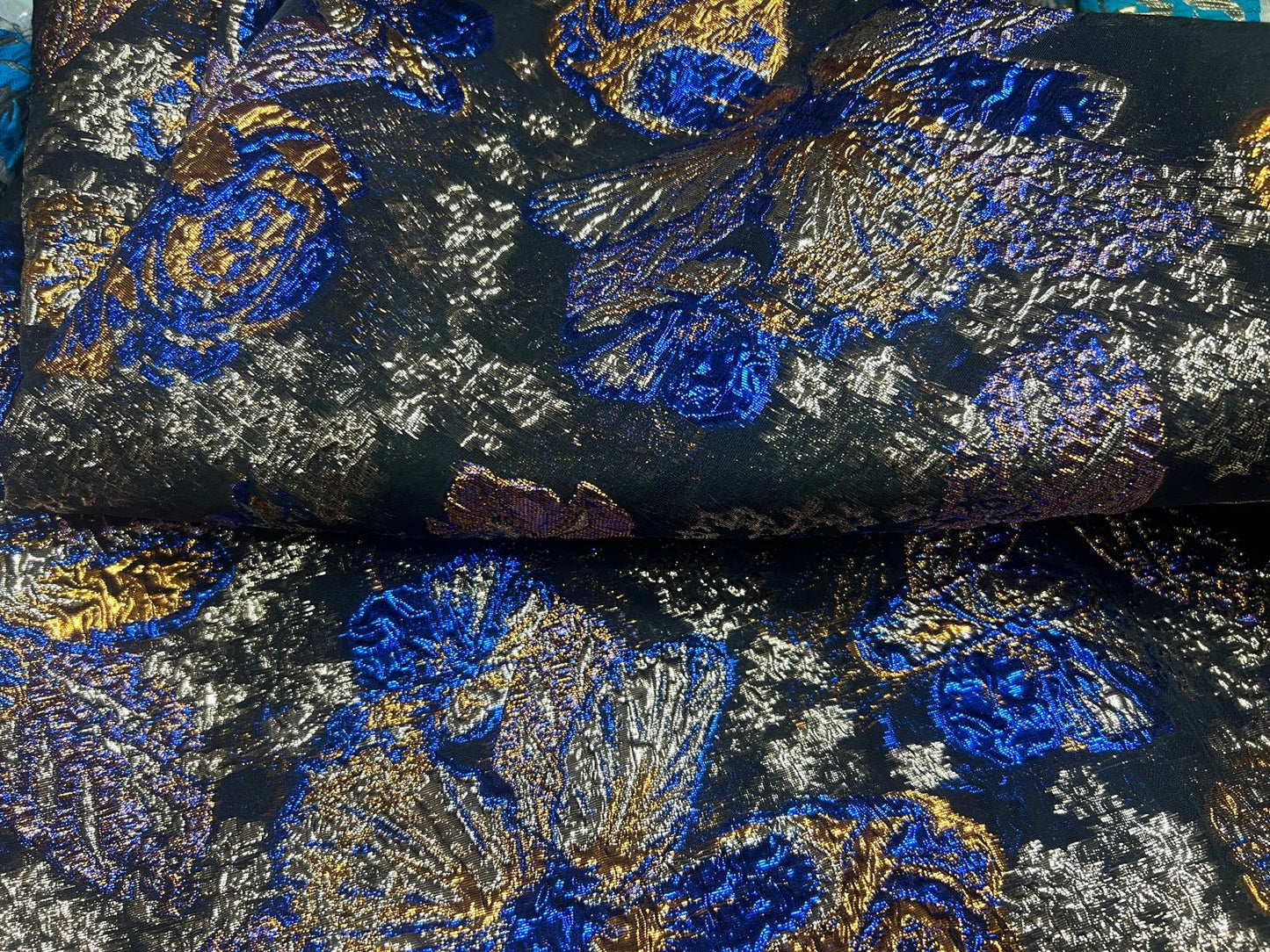 Brocart Floqué Jacquard Noir Bleu Royal Or 145 cm