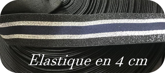 Silver lurex and navy elastic on a flat black background in 4 cm per meter to sew