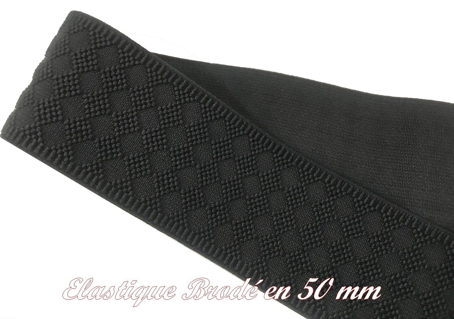 50mm Black Embroidered Elastic: ideal for belts, crafts and customizations