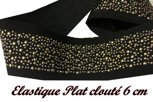 Elastique En 6 CmPlat Orné de Clous Doré Sur Fond Noir En  Au Mètre A Coudre  Pour Ceintures Loisirs Créatifs Et Customisations.