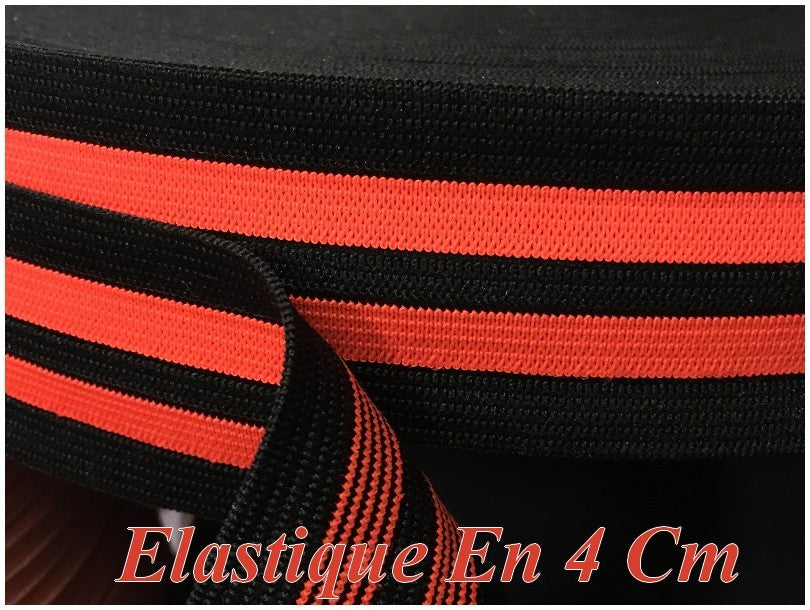 Fluorescent Orange Elastic on Black Background in 4 cm, Flat Elastic Ribbon by the Meter to Sew.